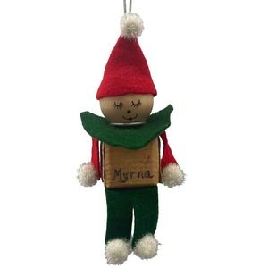Vintage Novelty Hanging Elf Christmas Present Ornament Says Myrna On Present